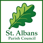 Temporary logo for St. Albans Parish Council, an oak leaf with the name of the council beneath it.