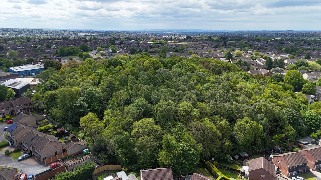 A view over the parish from a drone showing the Church Fields Plantation and the landscape into the distance