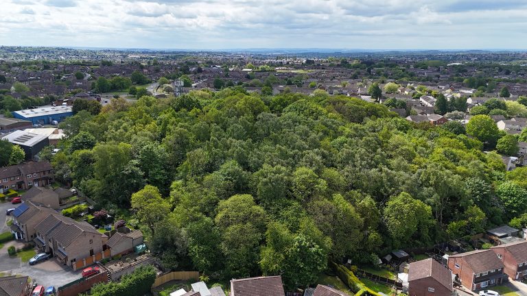 A view over the parish from a drone showing the Church Fields Plantation and the landscape into the distance